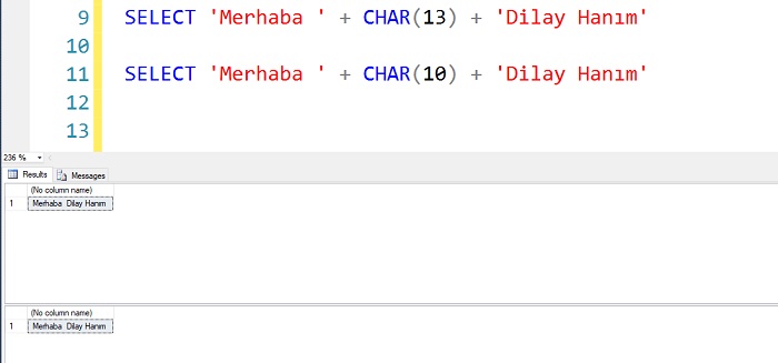 SQL Server'da Char(10) ve Char(13) Arasındaki Fark