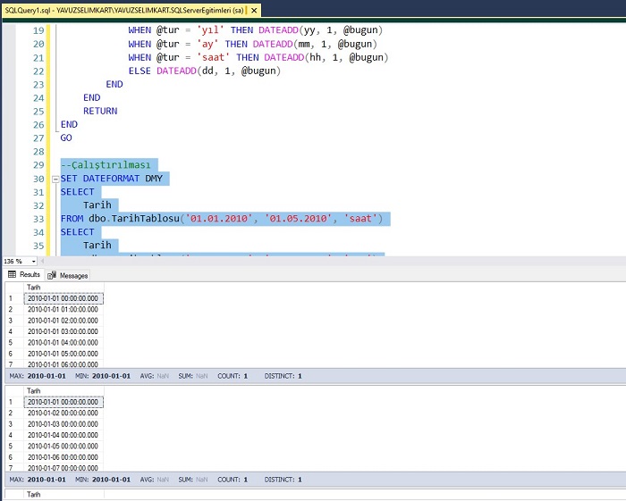 SQL Server’da İki Tarih Arasındaki Saat, Gün, Ay ve Yılları Tablo Olarak Döndüren Fonksiyon