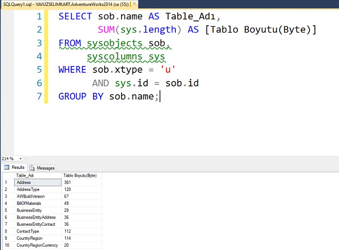 SQL Server’da Seçilen Veritabanında Tablo Boyutlarının Görüntülenmesi