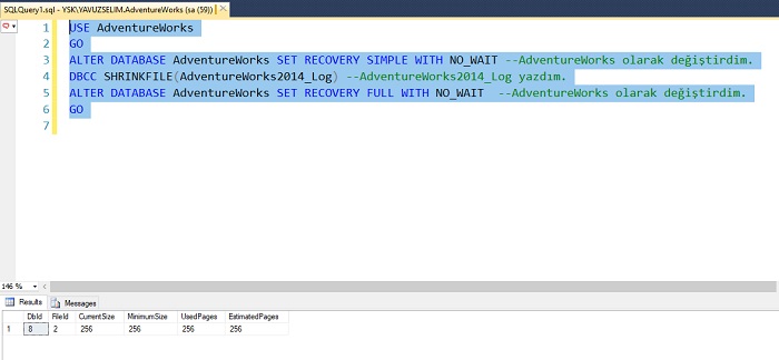 SQL Server’da Seçili Veritabanının Log Dosyasını Shrink ile Küçültmek