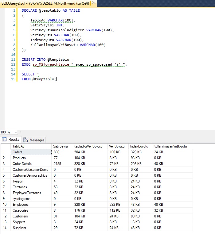 SQL Server’da Tabloların Boyutunu Görmek