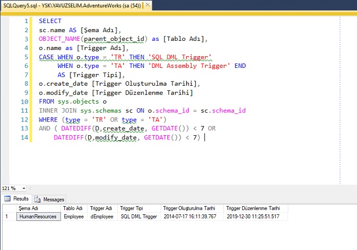 SQL Server’da Son Bir Haftada Değişen Triggerların Listesi