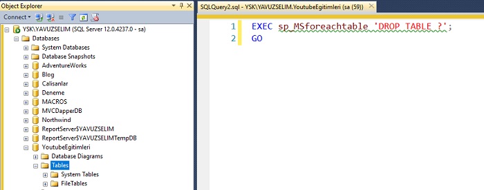 SQL Server’da Veritabanındaki Tüm Tabloları Kaldırmak