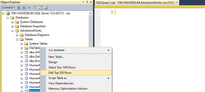 SQL Server’da Edit Top 200 Rows Satır Sayısını Değiştirme