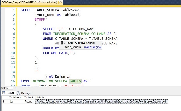 SQL Server’da Tablo Kolonlarını Virgülle Ayırarak Listelemek