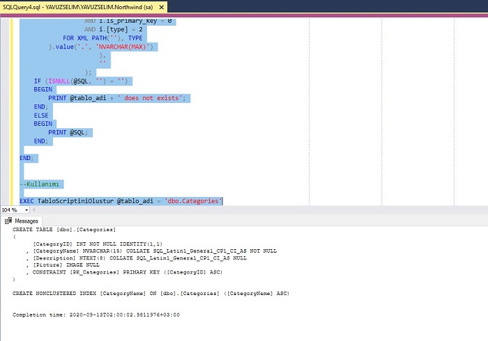 SQL Server’da Seçili Tablonun Scriptini Ayrıntılı Oluşturan Prosedür