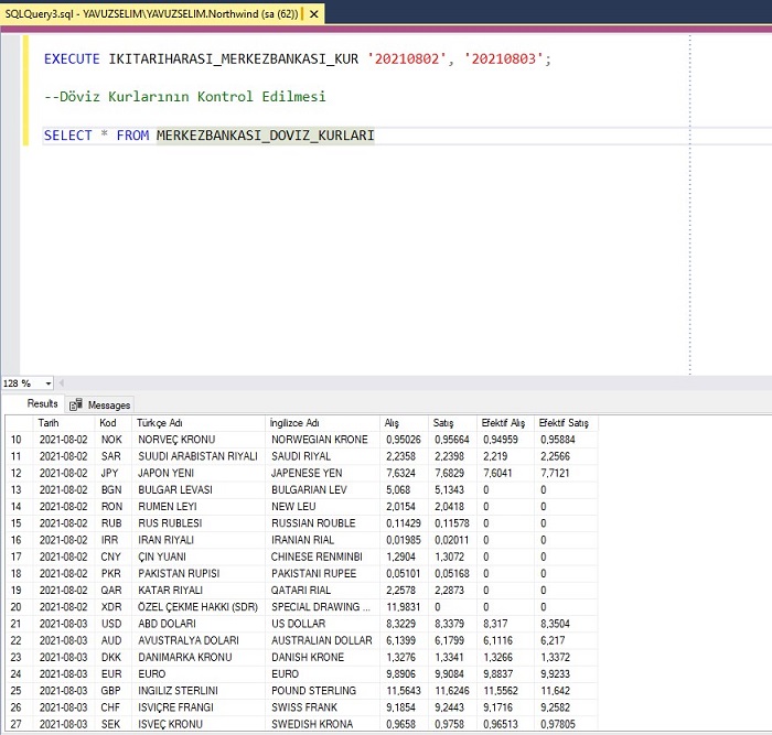 SQL Server’da Merkez Bankası Döviz Kurlarını İki Tarih Arasında Getiren Prosedür