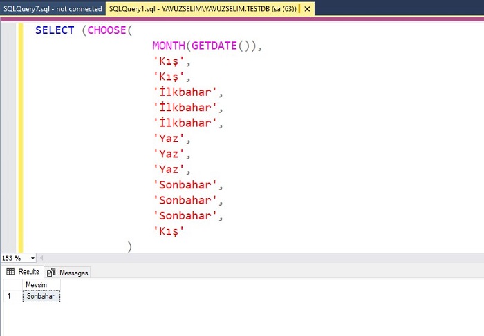 SQL Server'da CHOOSE Fonksiyonunu Kullanarak Mevsim Bilgisini Getirmek