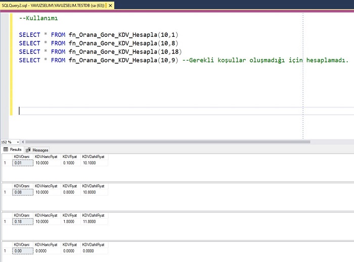 SQL Server'da KDV Oranına Göre Fiyat Hesaplayan Fonksiyon