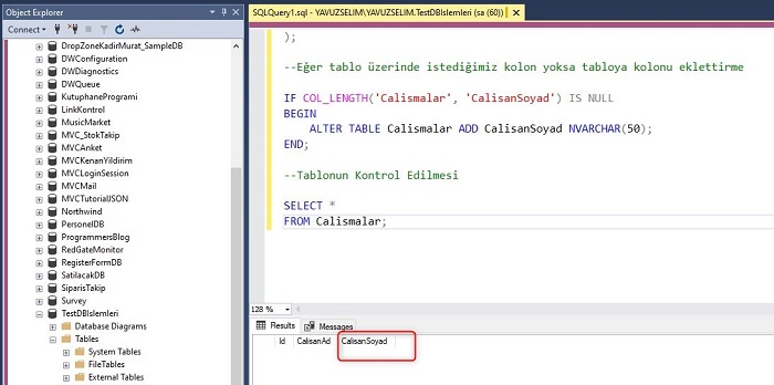 SQL Server'da Tablo Üzerinde İstediğimiz Kolon Yoksa Tabloya Kolonu Eklettirme