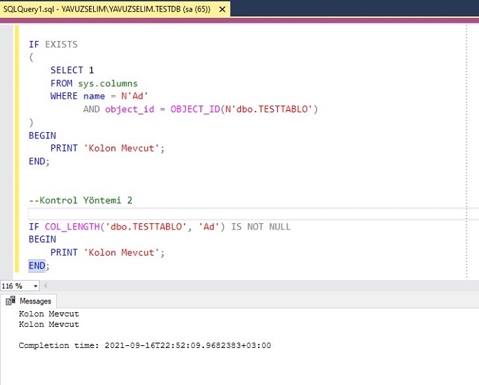 SQL Server'da Tabloda Kolonun Olup Olmadığını Kontrol Etmek