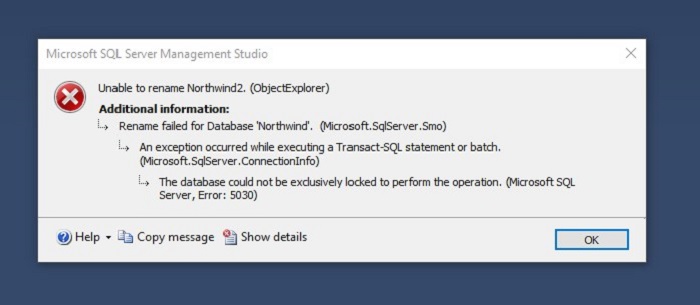 SQL Server'da Unable to rename Hatası