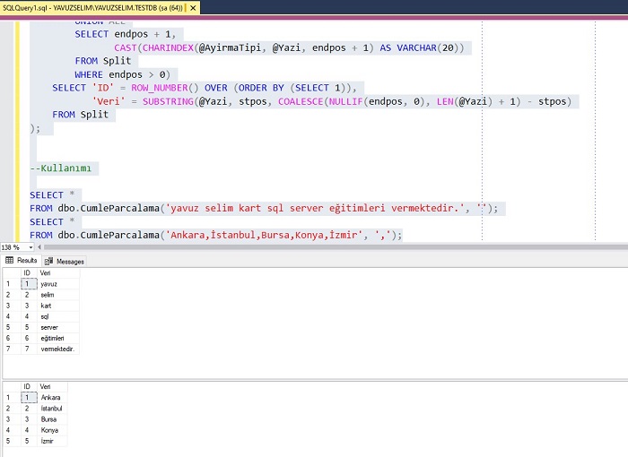 SQL Server'da Cümle Parçalayan Fonksiyon
