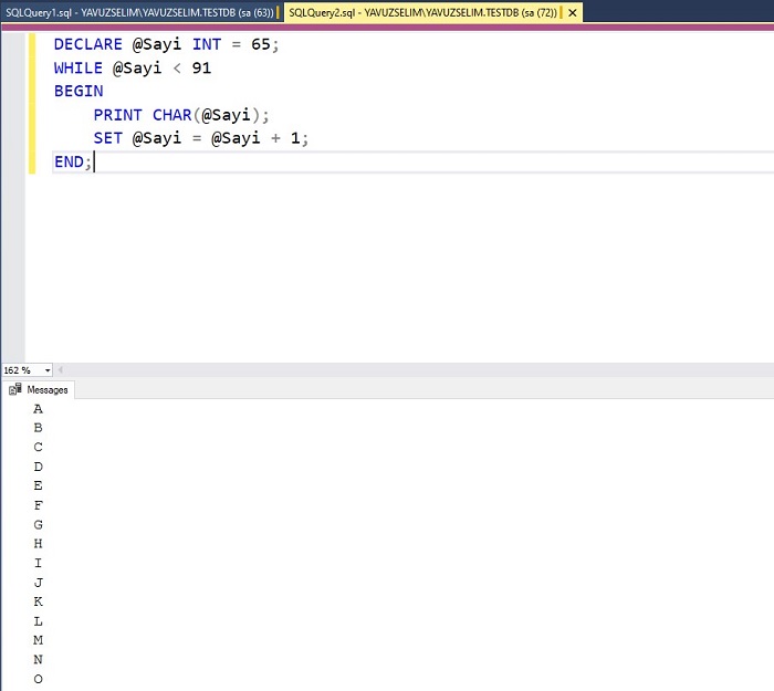 SQL Server'da Harfleri A'dan Z'ye WHILE Döngüsü Kullanarak Getirmek