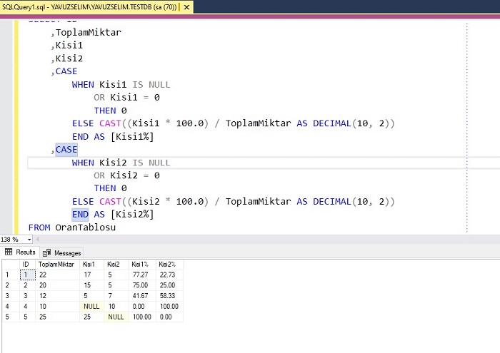 SQL Server'da Kolonlar Arası Oran Hesabı Yapmak