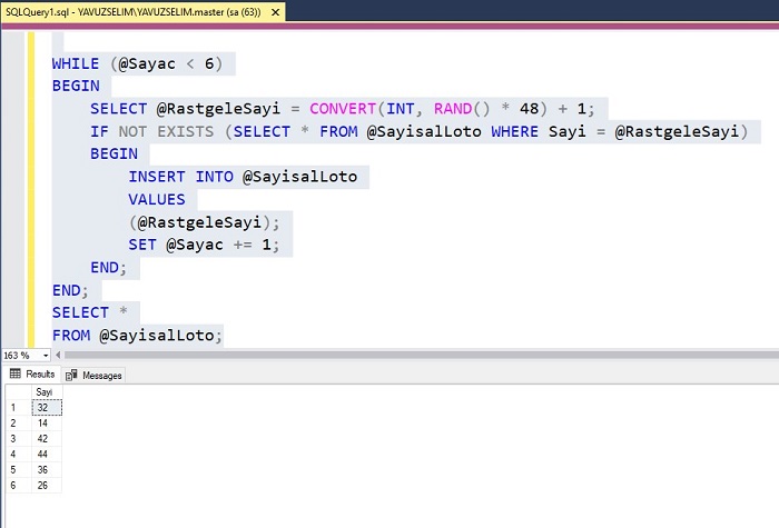 SQL Server'da Sayısal Loto Numarası Oluşturmak