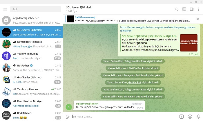 SQL Server'da Telegram Grubuna Mesaj Gönderen Prosedür