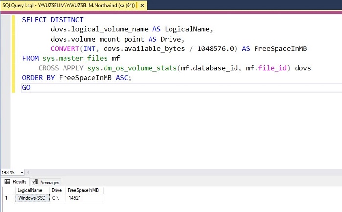 SQL Server'da Diskte Kalan Boş Alanı Tespit Etmek