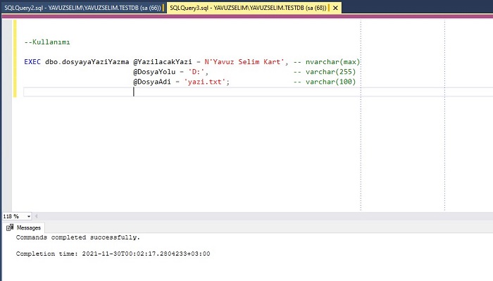 SQL Server'da Dosya Oluşturup İçine Yazı Yazan Prosedür