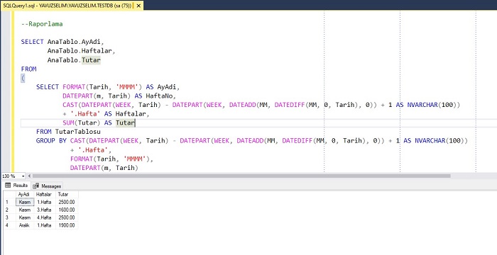 SQL Server'da Haftalık Para Toplamının Bulunması