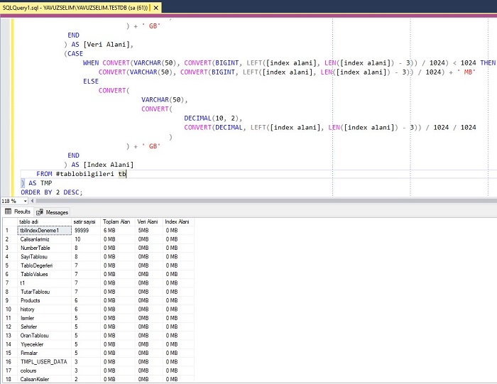 SQL Server'da Tabloların GB ve MB Boyutunu Gösteren Sorgu