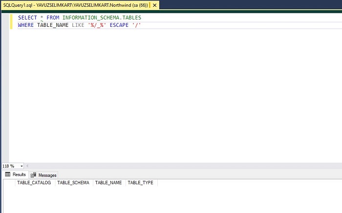 SQL Server'da Escape Karakter İçeren Tabloları Listelemek