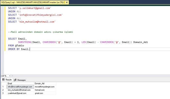 SQL Server'da Mail Adresinden Domain Adını Çıkarmak