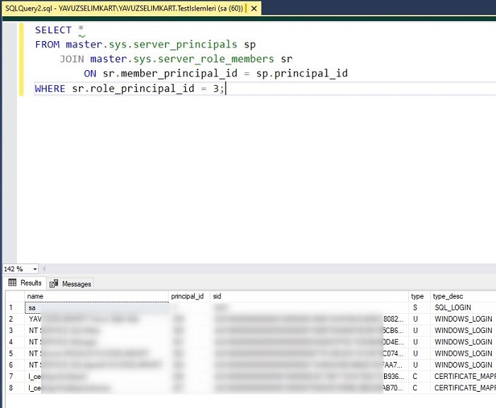 SQL Server'da Sistem Yöneticisi Haklarına Sahip Tüm Kullanıcıları Listelemek