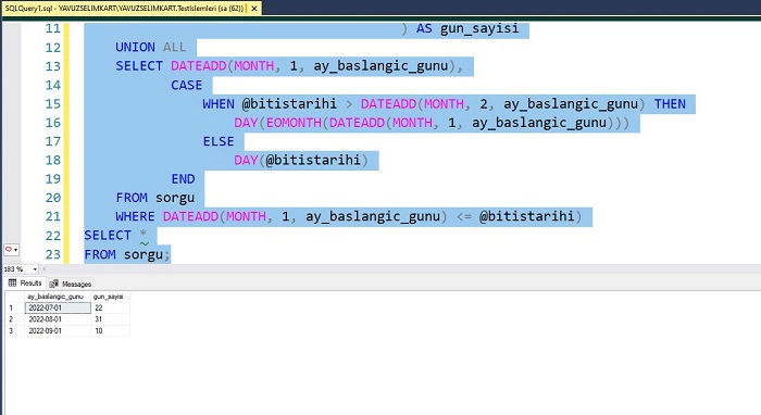 SQL Server'da Belli Bir Tarih Aralığı İçinde Olan Ayların Gün Sayısını Bulmak