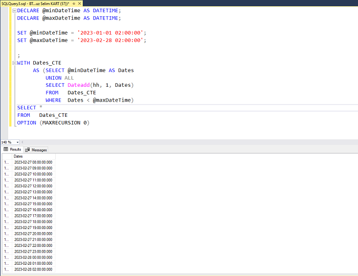 SQL Server'da İki Tarih Arasındaki Tüm Saatleri Listelemek