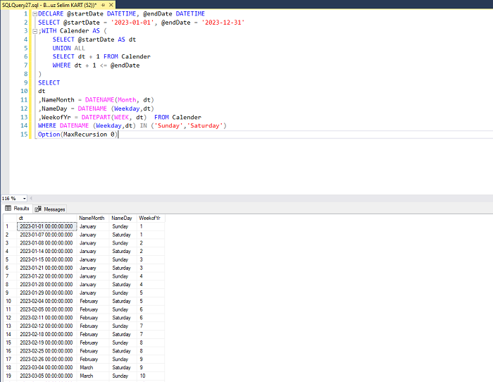 SQL Server'da Seçili Yılların Hafta Sonlarını Listelemek
