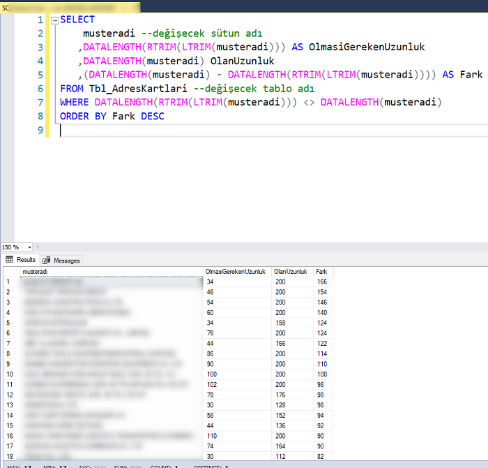 SQL Server'da Tablo Sütununun Sonunda Olan Fazla Boşlukları Listelemek