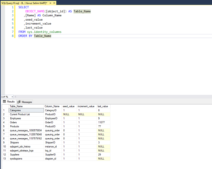 SQL Server'da Tüm Tabloların Identity Kolonlarını Sorgulamak