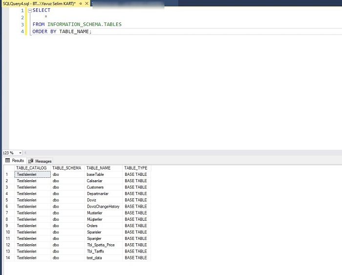 SQL Server'da Tablo Listesini Almak